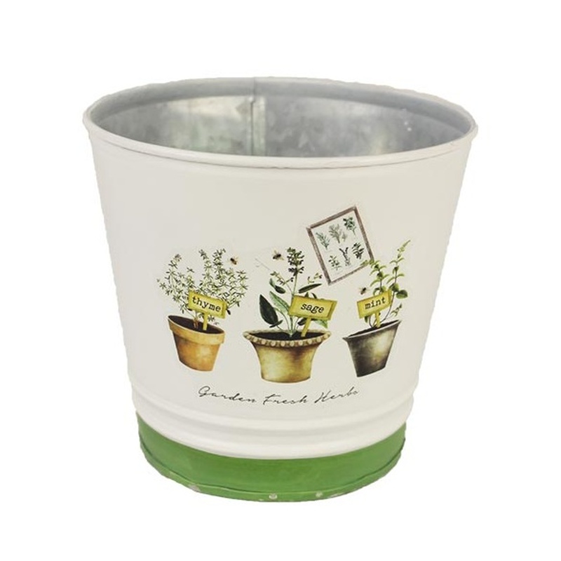 Kovové a plechové obaly - Obal kulatý plechový s bylinkami bílo-zelený 13cm