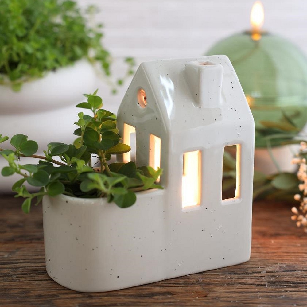 Obal na květináč a svícen keramický dům krémový 14cm-0