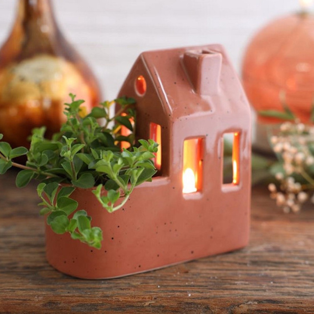 Obal na květináč a svícen keramický dům růžová terakota 14cm-0