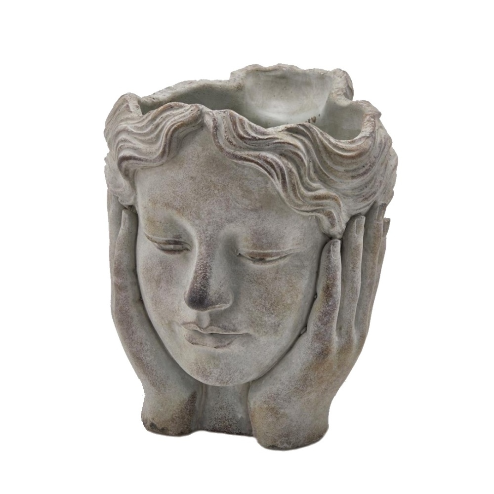 Keramické obaly - Obal na květináč betonový ženská hlava sv.šedý 21cm