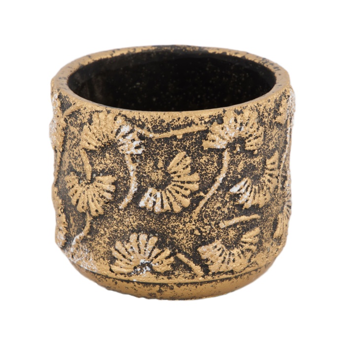 Keramické obaly - Obal na květináč cementový s květinami černo-zlatý 11,5cm