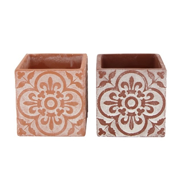 Keramické obaly - Obal na květináč hranatý cementový s ornamentem hnědý mix 11cm