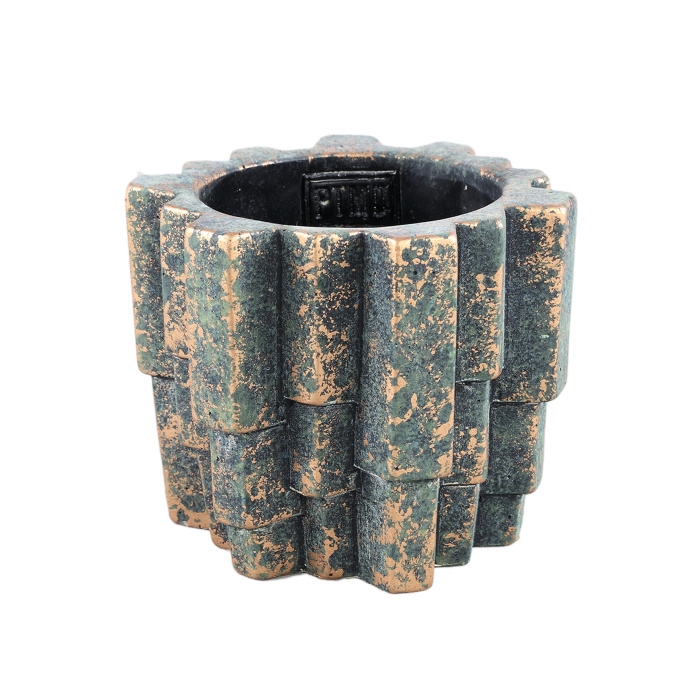 Design pro Váš domov - Obal na květináč kulatý cementový KESS M žebrovaný zeleno-okrový 14cm