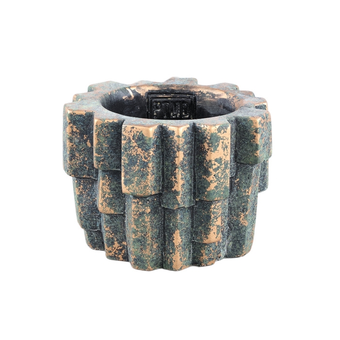 Design pro Váš domov - Obal na květináč kulatý cementový KESS S žebrovaný zeleno-okrový 12cm