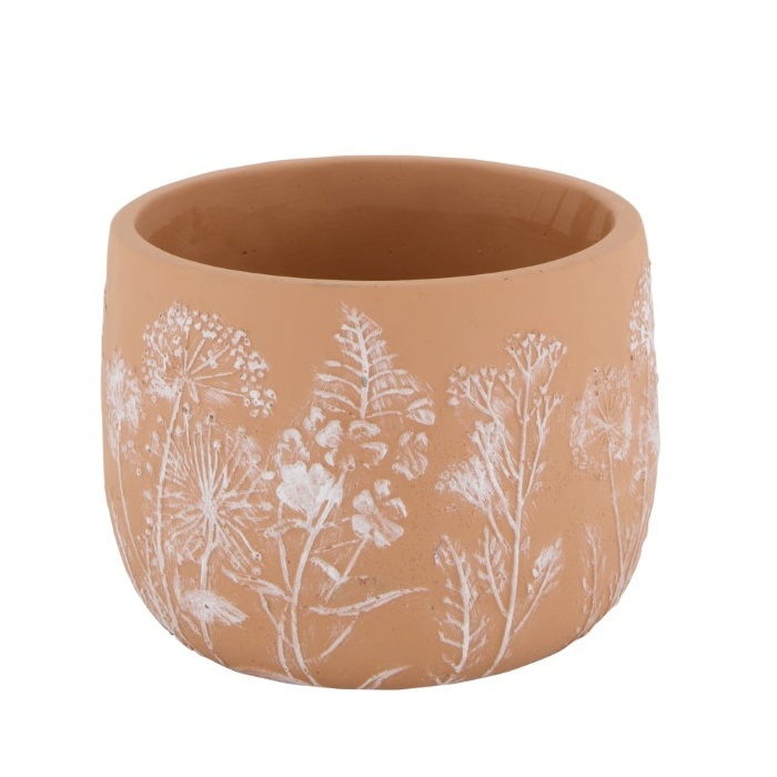Keramické obaly - Obal na květináč kulatý cementový s lučním kvítím terakotový 18,5cm