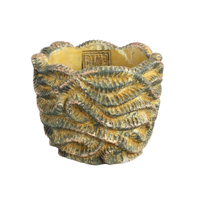 Design pro Váš domov - Obal na květináč kulatý cementový WAVES S vlny antika okrový 14cm