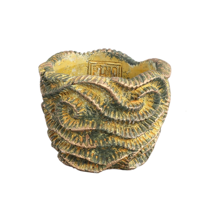 Design pro Váš domov - Obal na květináč kulatý cementový WAVES XS vlny antika okrový 12cm