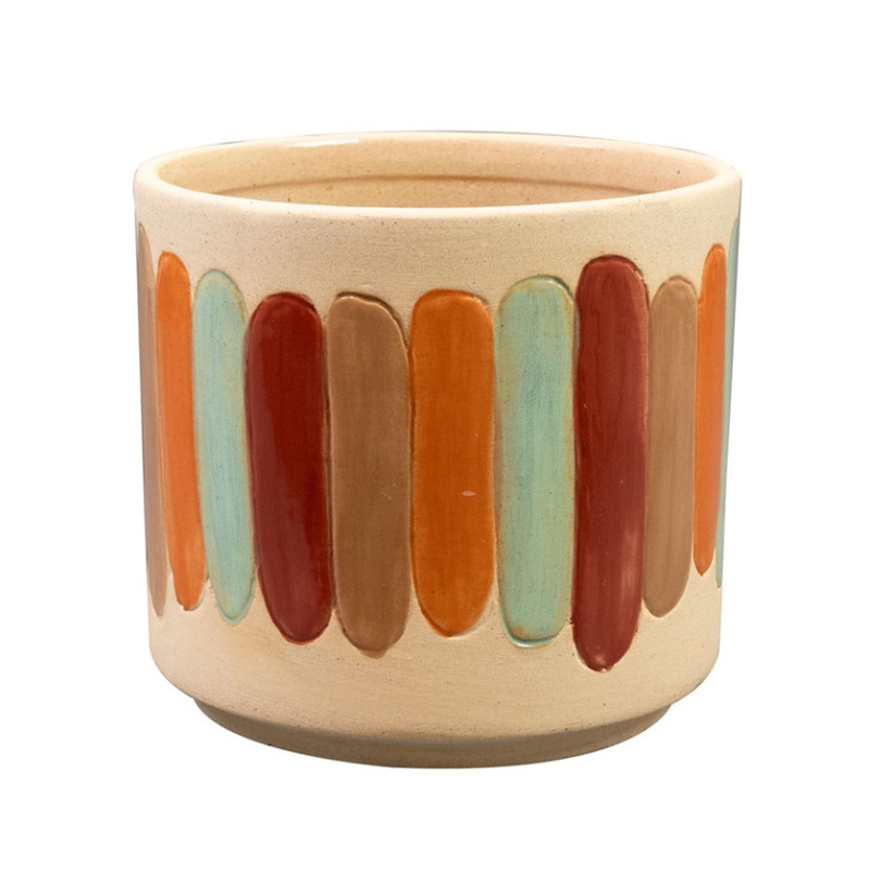 Keramické obaly - Obal na květináč kulatý keramický ANNA s pruhy krémový 11cm