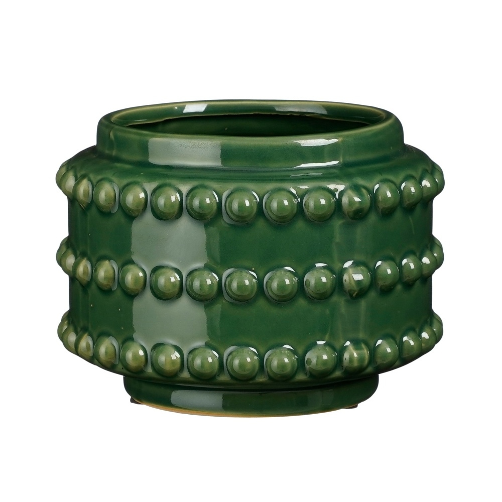 Keramické obaly - Obal na květináč kulatý keramický BOAZ tečkované vodorovné pruhy tm.zelený 17cm
