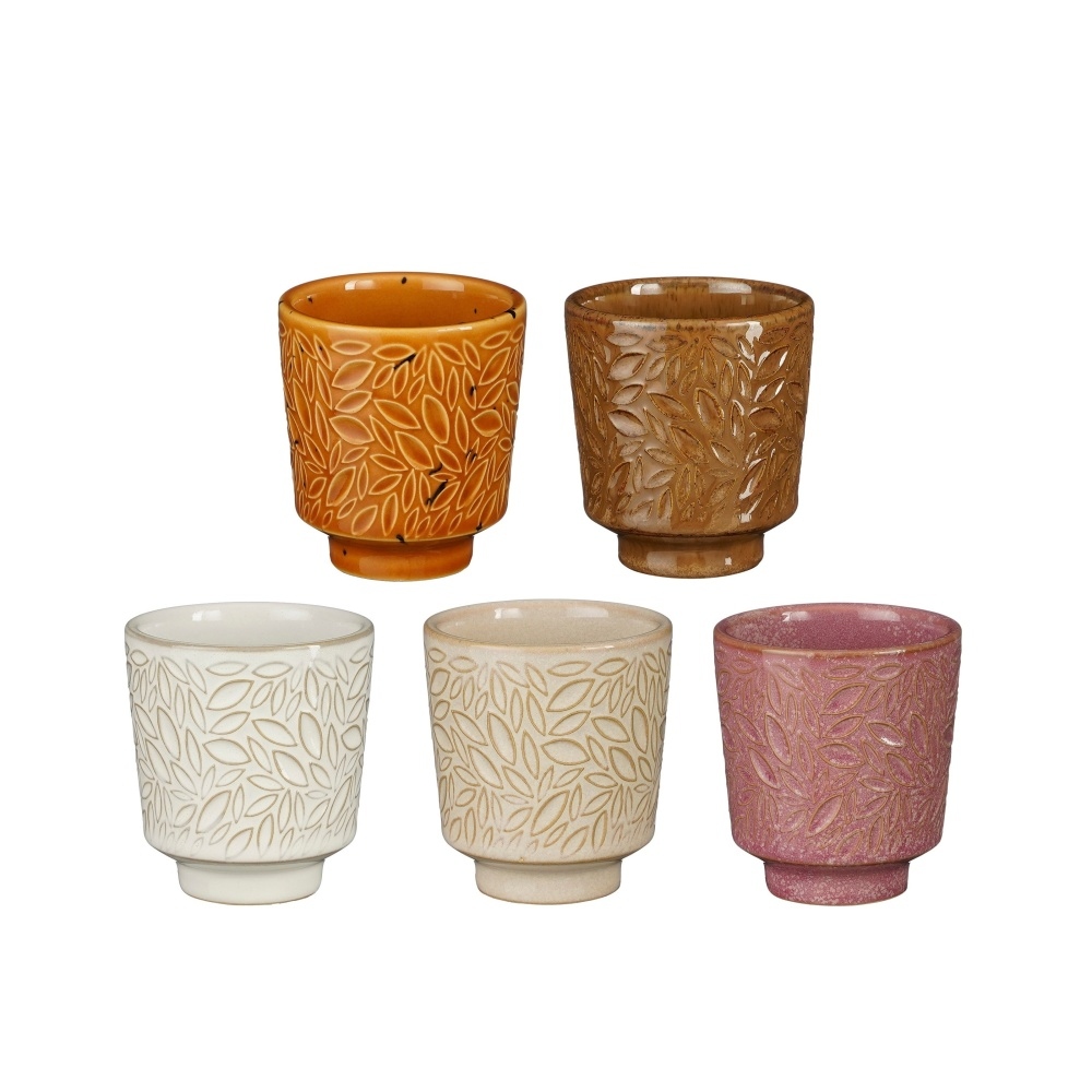 Keramické obaly - Obal na květináč kulatý keramický CARLOS s listy mix 7cm