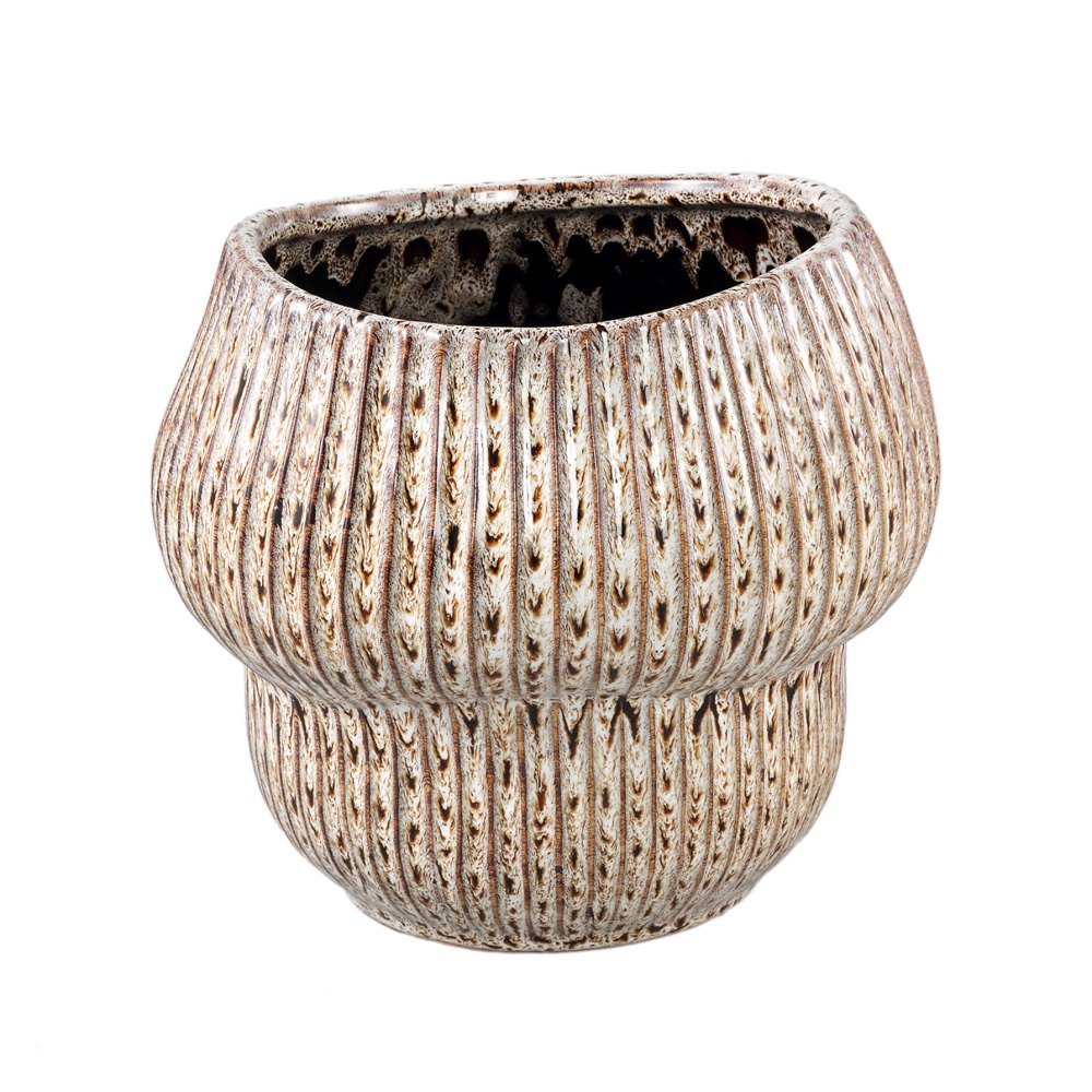 Design pro Váš domov - Obal na květináč kulatý keramický COLBY L se svislými pruhy krémovo-hnědý 21cm