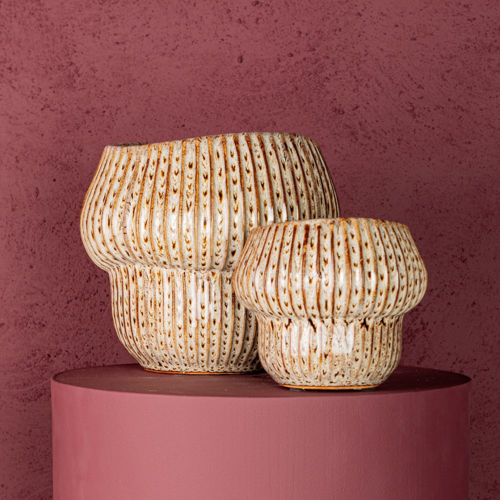 Obal na květináč kulatý keramický COLBY L se svislými pruhy krémovo-hnědý 21cm-0