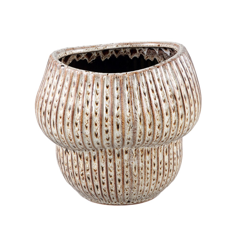 Design pro Váš domov - Obal na květináč kulatý keramický COLBY M se svislými pruhy krémovo-hnědý 16cm