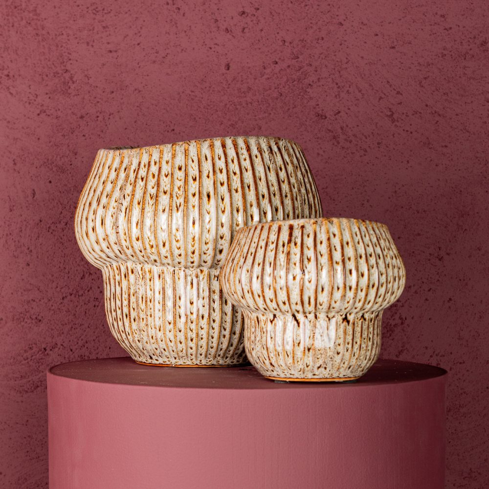 Obal na květináč kulatý keramický COLBY M se svislými pruhy krémovo-hnědý 16cm-0