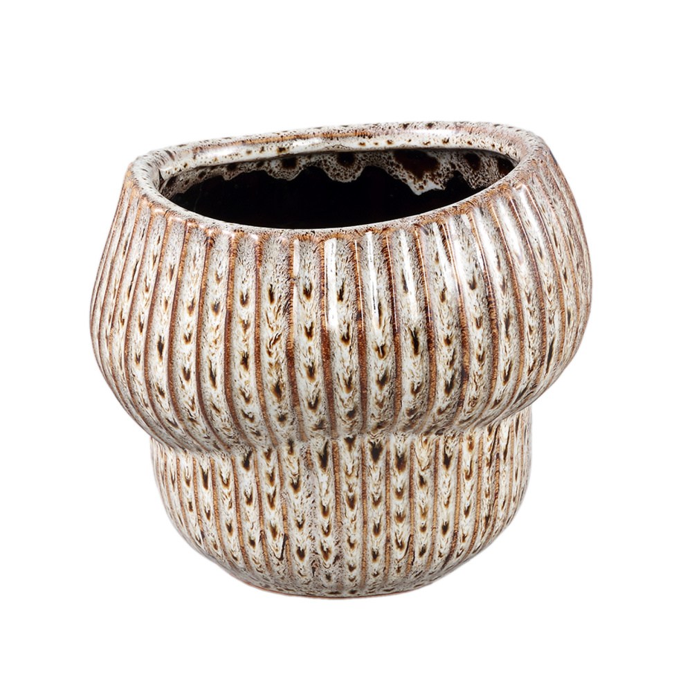 Design pro Váš domov - Obal na květináč kulatý keramický COLBY S se svislými pruhy krémovo-hnědý 14cm