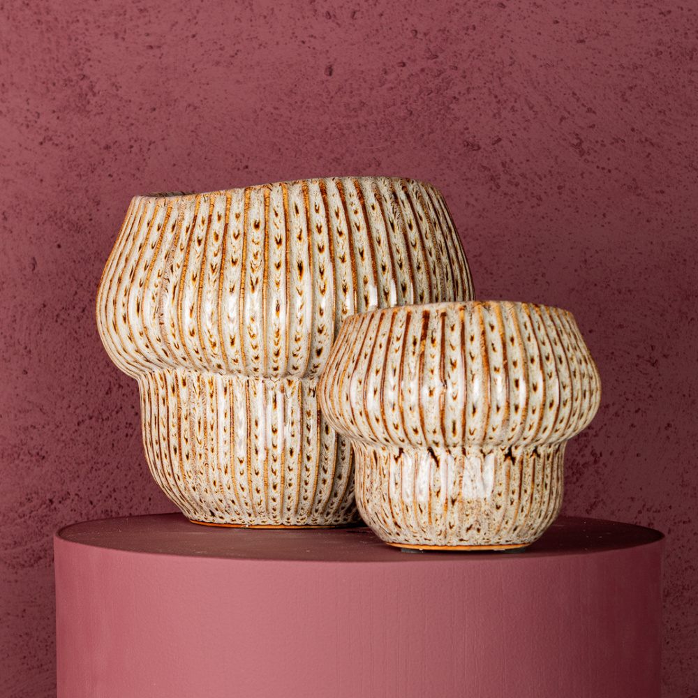 Obal na květináč kulatý keramický COLBY S se svislými pruhy krémovo-hnědý 14cm-0