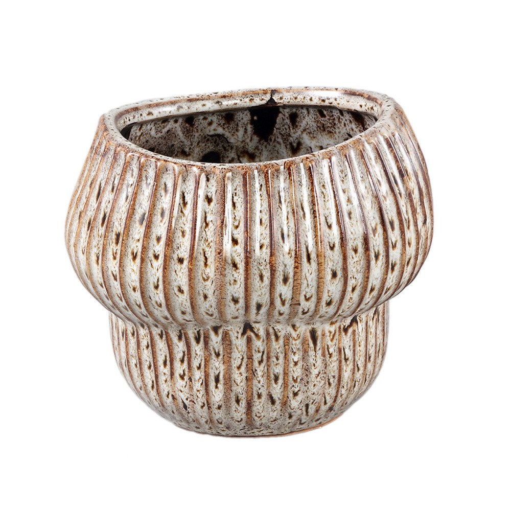Design pro Váš domov - Obal na květináč kulatý keramický COLBY XS se svislými pruhy krémovo-hnědý 12,5cm
