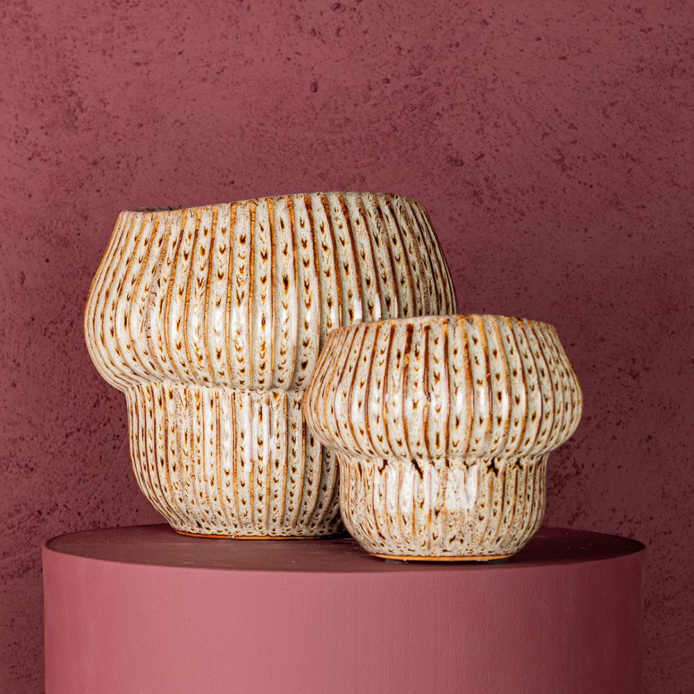 Obal na květináč kulatý keramický COLBY XS se svislými pruhy krémovo-hnědý 12,5cm-0