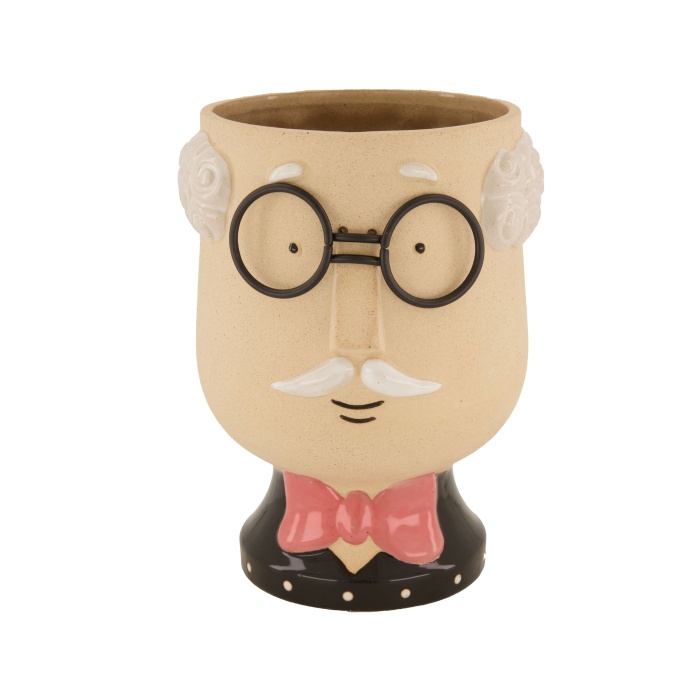 Keramické obaly - Obal na květináč kulatý keramický děda s brýlemi 16cm