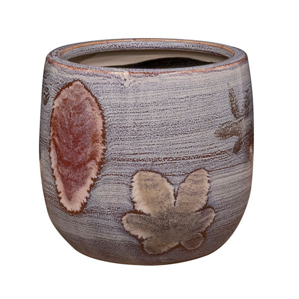 Keramické obaly - Obal na květináč kulatý keramický OLAF s listy hnědý 12cm