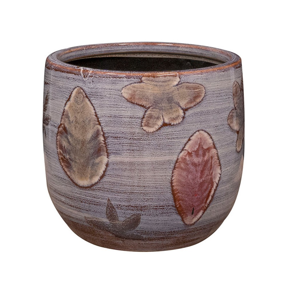 Keramické obaly - Obal na květináč kulatý keramický  OLAF s listy hnědý 15cm