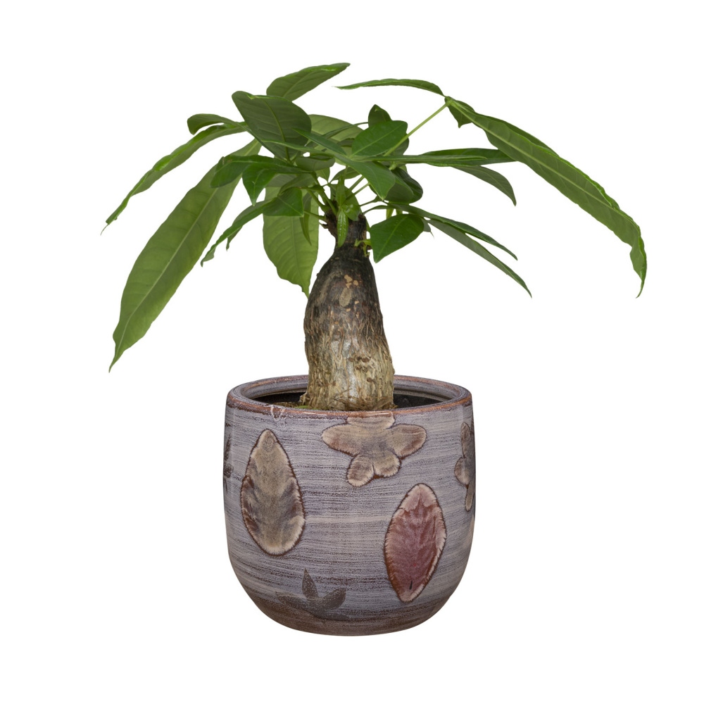 Obal na květináč kulatý keramický  OLAF s listy hnědý 15cm-0