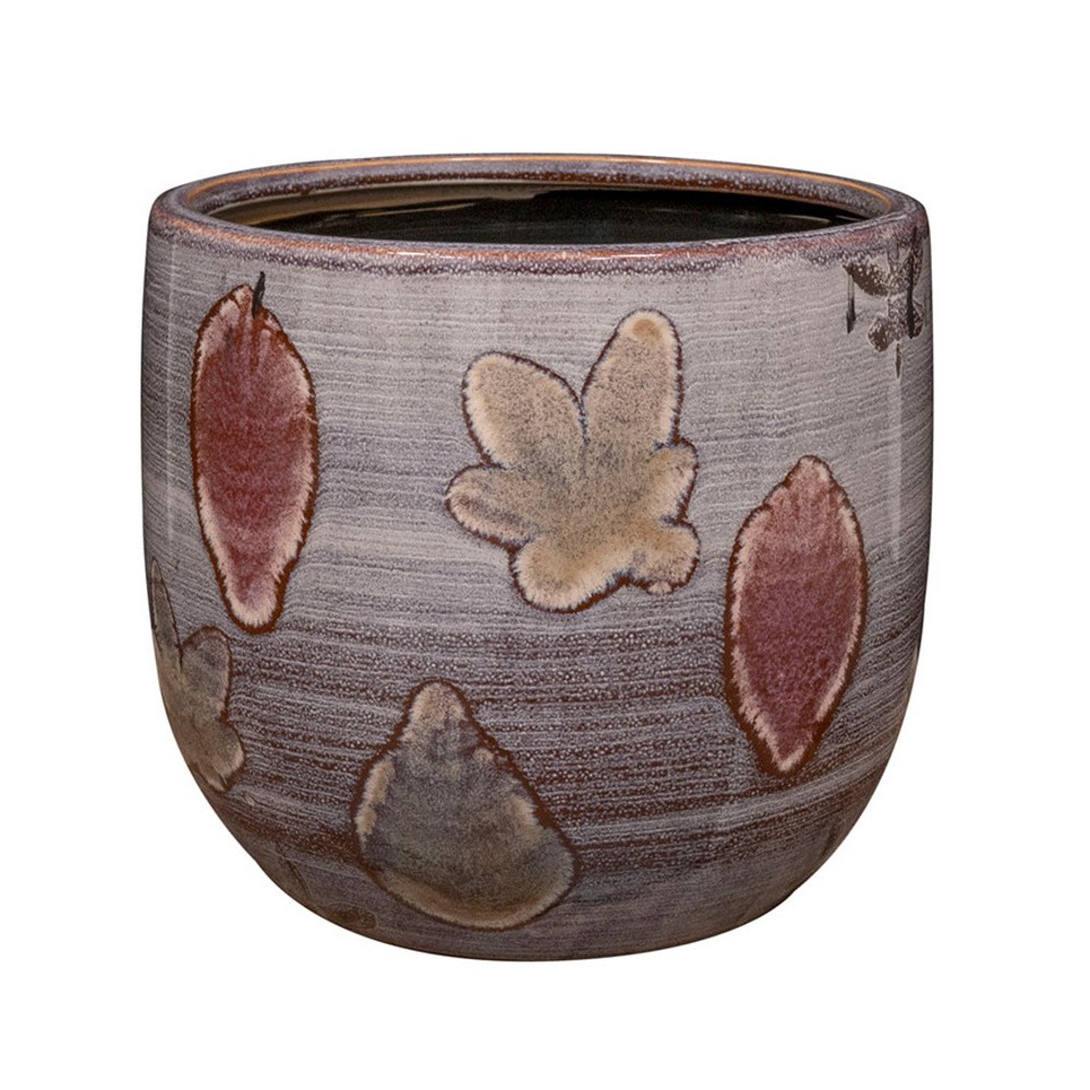 Keramické obaly - Obal na květináč kulatý keramický OLAF s listy hnědý 19cm