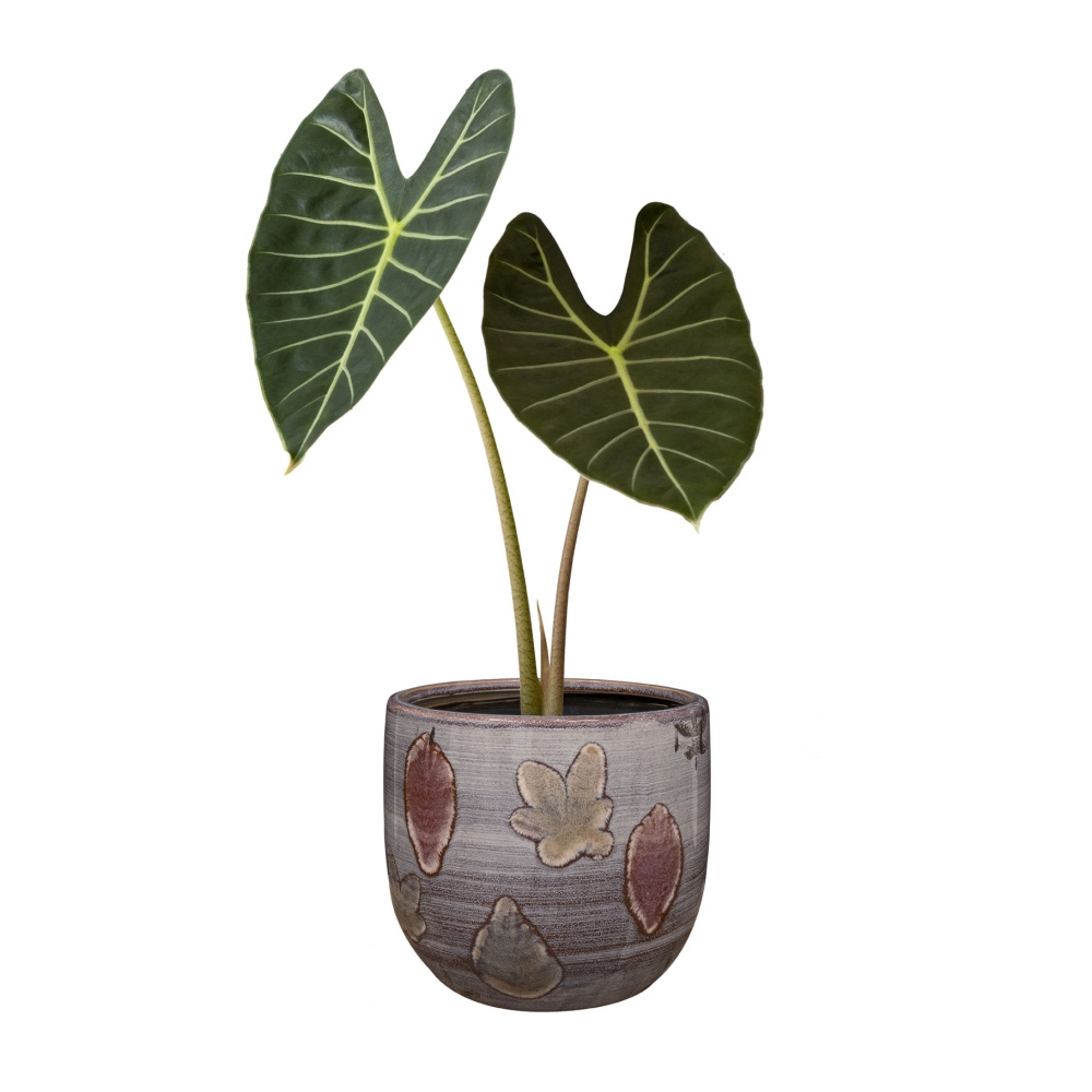 Obal na květináč kulatý keramický OLAF s listy hnědý 19cm-0