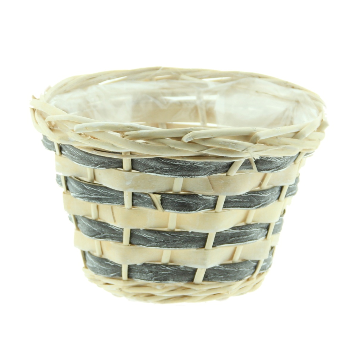 Proutěné a dřevěné obaly - Obal na květináč kulatý proutěný s dýhou a igelitem bílo-šedý 20cm