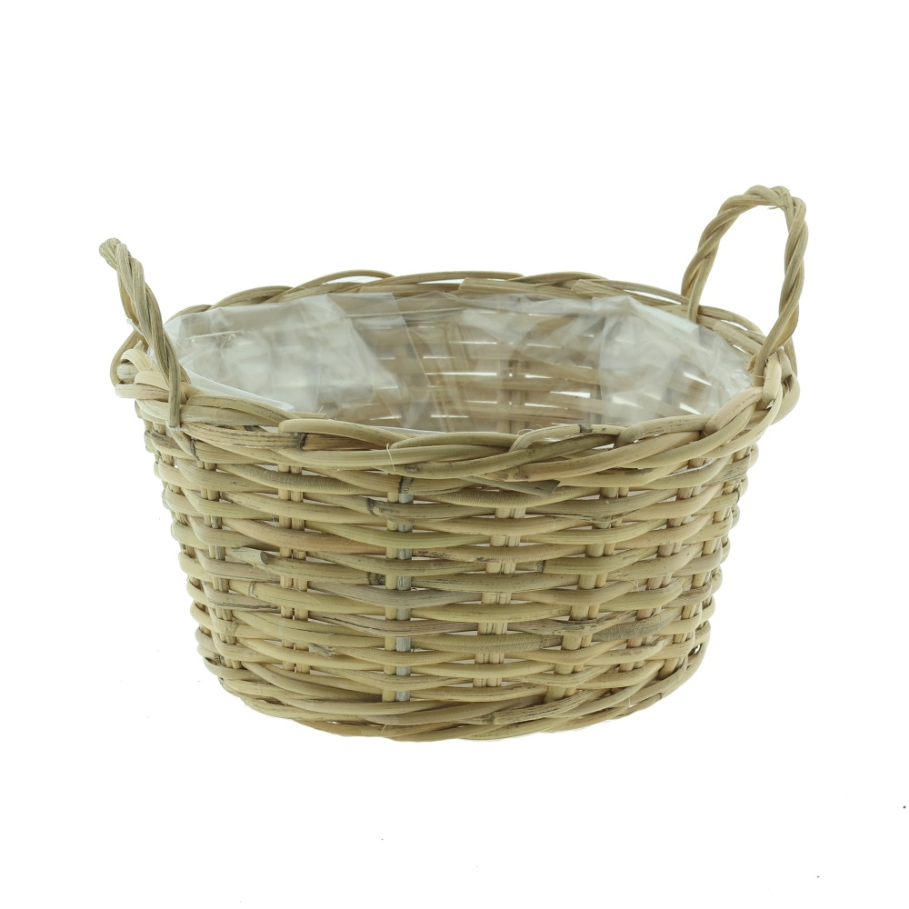Proutěné a dřevěné obaly - Obal na květináč kulatý proutěný se 2 uchy a igelitem přírodní 25cm
