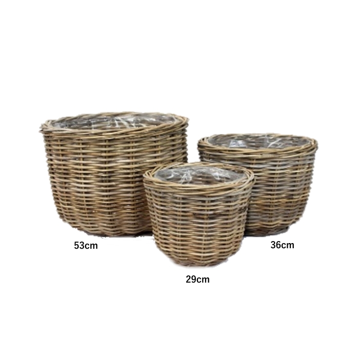 Proutěné a dřevěné obaly - Obal na květináč kulatý ratanový s igelitovou vložkou šedý 29cm