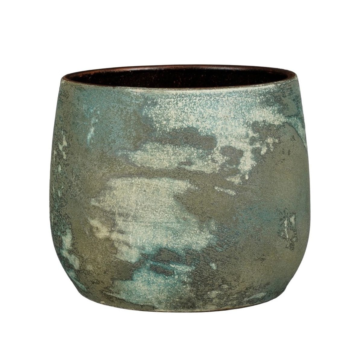 Keramické obaly - Obal na květináč kulatý terakotový OLAF zelená patina 25,5cm