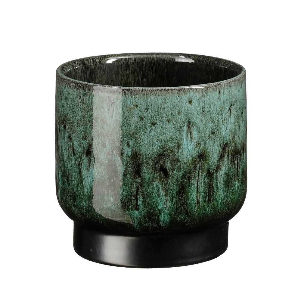 Keramické obaly - Obal na květináč kulatý terakotový THIAGO černo-zelený 15cm