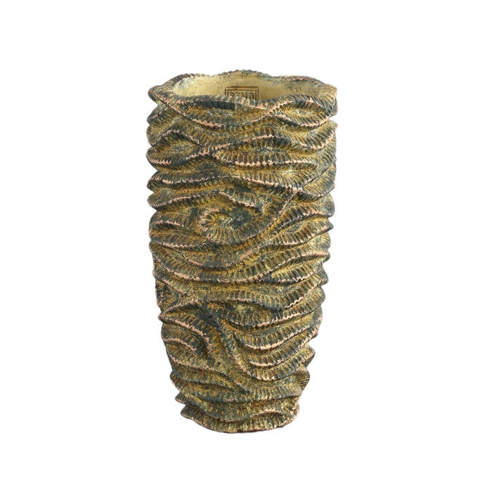 Design pro Váš domov - Obal na květináč kulatý vysoký cementový WAVES L vlny antika okrový 37cm