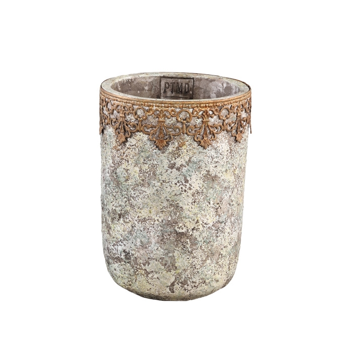 Design pro Váš domov - Obal na květináč kulatý vysoký  kameninový CALLIE XS zdobený lem bílo-zlatý 26cm