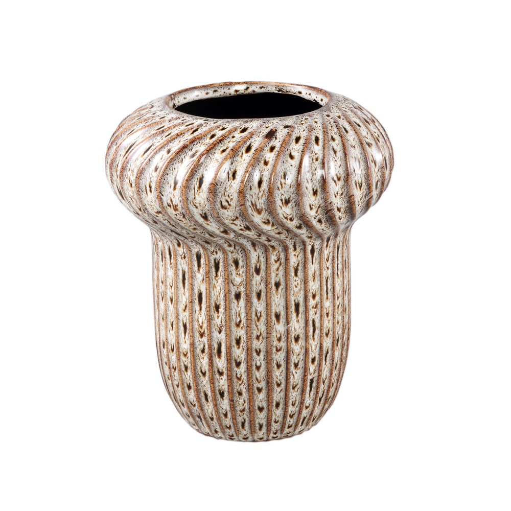 Design pro Váš domov - Obal na květináč kulatý vysoký keramický SINDI S se svislými pruhy krémovo-hnědý 22cm