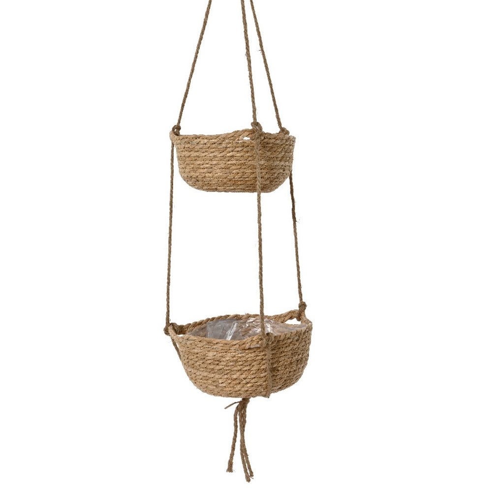 Proutěné a dřevěné obaly - Obal na květináč kulatý závěsný 2 patrový z mořské trávy a igelitem přírodní 20cm