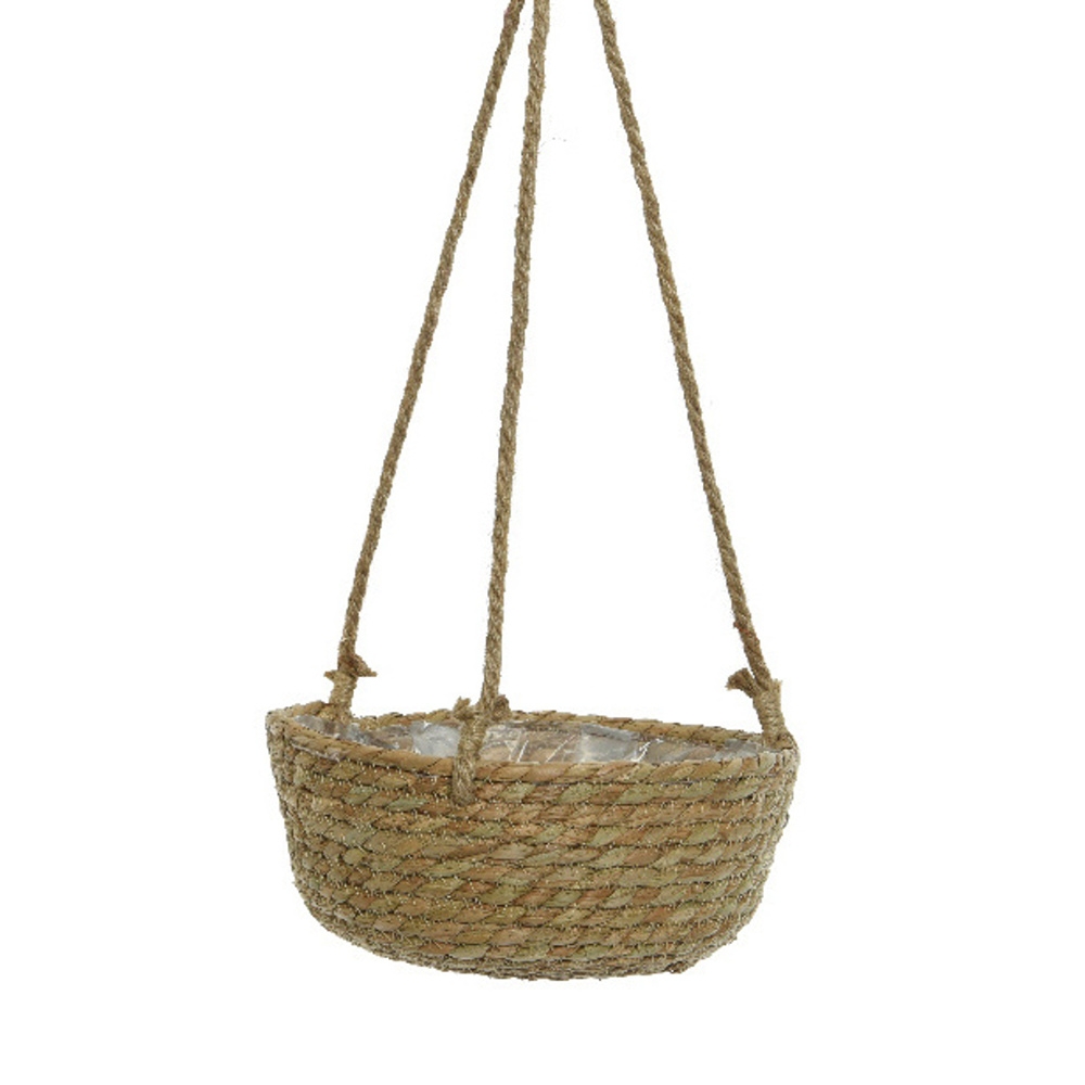 Proutěné a dřevěné obaly - Obal na květináč kulatý závěsný z mořské trávy a igelitem přírodní 25cm