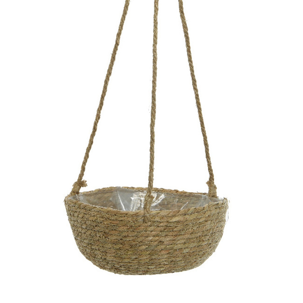Proutěné a dřevěné obaly - Obal na květináč kulatý závěsný z mořské trávy a igelitem přírodní 30cm