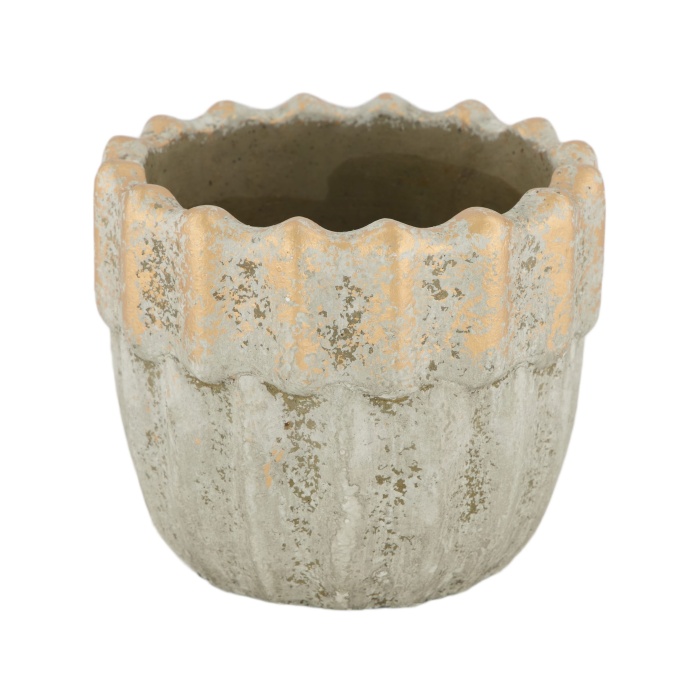 Keramické obaly - Obal na květináč kulatý žebrovaný cementový zlatá patina 14cm