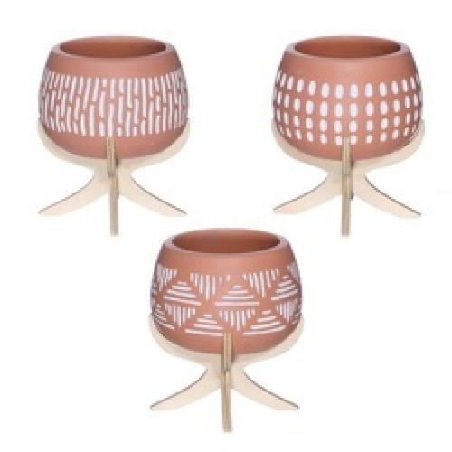 Keramické obaly - Obal na květináč LUNA na 4 nohách cement a dřevo 8cm