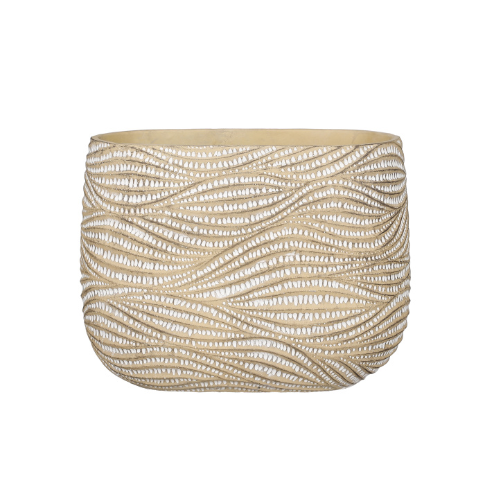 Keramické obaly - Obal na květináč oválný cementový HENDRICK s vlnkami krémový vysoký 28cm