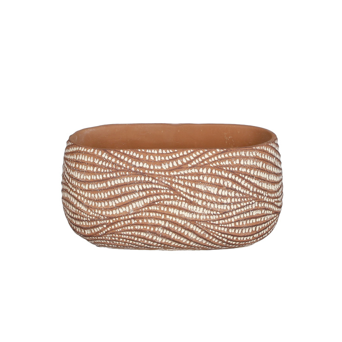 Keramické obaly - Obal na květináč oválný cementový HENDRICK s vlnkami terakotový nízký 24,5cm