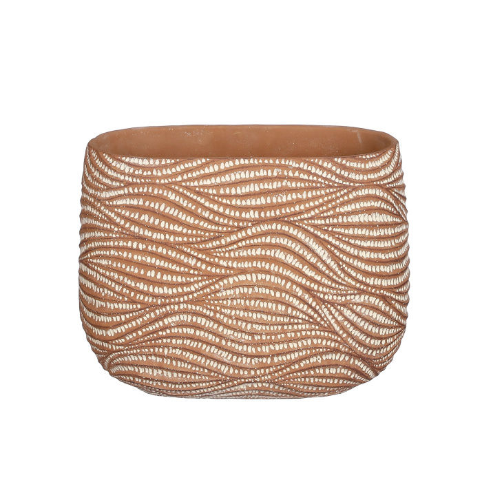 Keramické obaly - Obal na květináč oválný cementový HENDRICK s vlnkami terakotový vysoký 28cm
