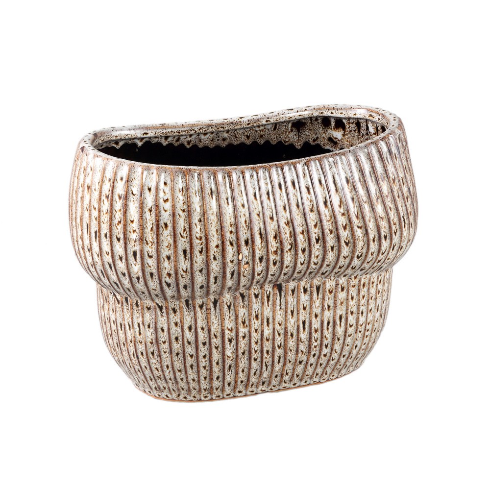 Design pro Váš domov - Obal na květináč oválný nízký keramický COLBY se svislými pruhy krémovo-hnědý 28cm