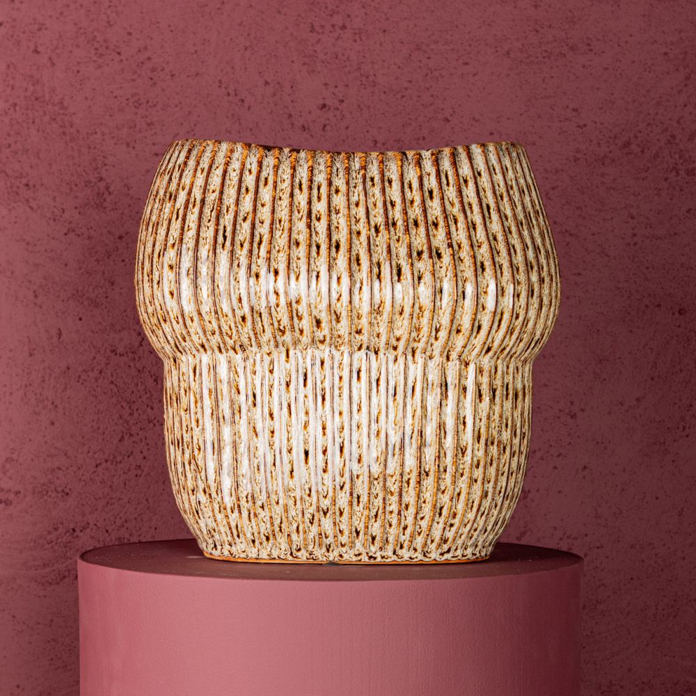 Obal na květináč oválný nízký keramický COLBY se svislými pruhy krémovo-hnědý 28cm-0