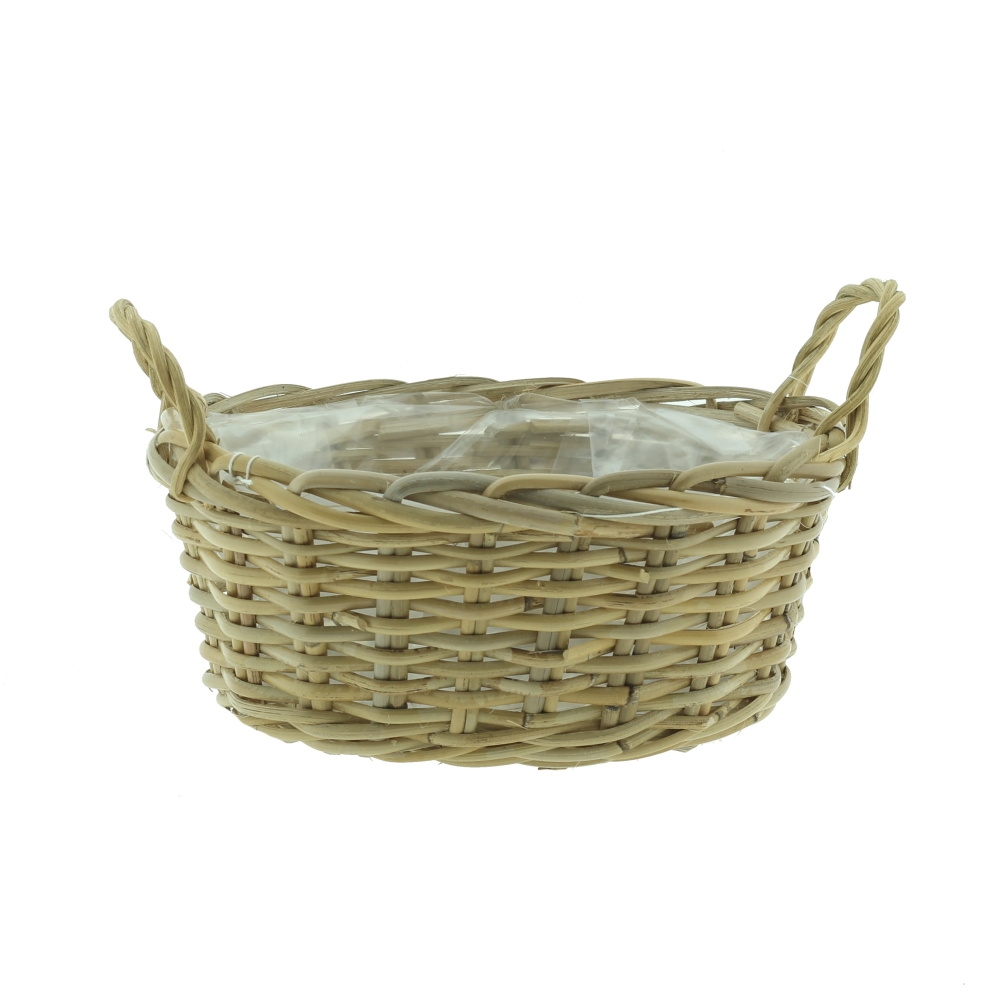 Proutěné a dřevěné obaly - Obal na květináč oválný proutěný se 2 uchy a igelitem přírodní 24cm