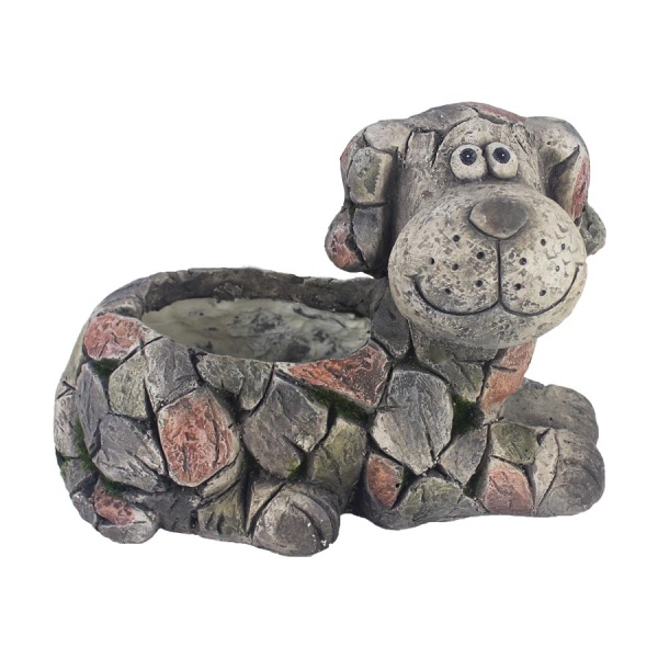 Keramické obaly - Obal na květináč pes ležící terakota šedá 35cm