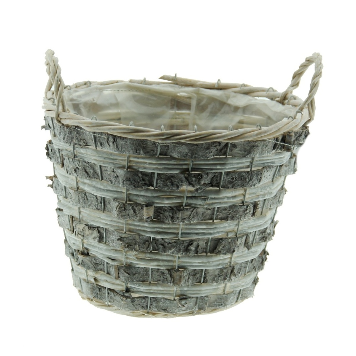 Proutěné a dřevěné obaly - Obal na květináč proutěný s dýhou kulatý se 2 uchy a igelitovou vložkou šedý 28cm