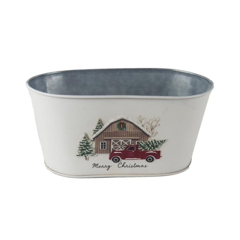 Kovové a plechové obaly - Obal oválný plechový MERRY CHRISTMAS s autem a stodolou bílý 19cm